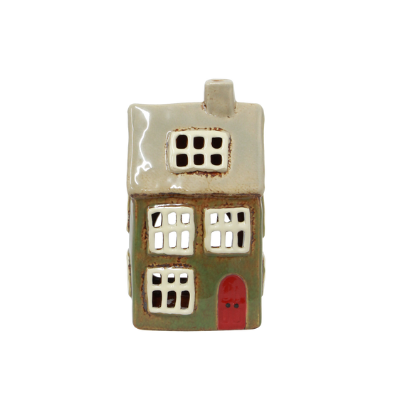 Christmas Green Alsace ceramic tealight house with hand-painted details