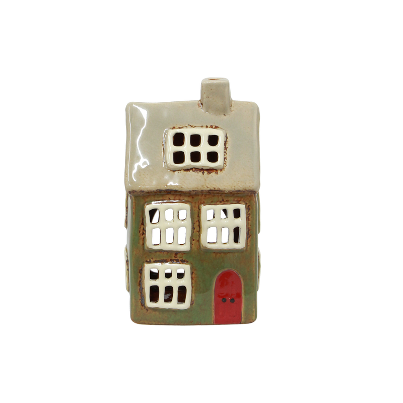 Christmas Green Alsace ceramic tealight house with hand-painted details