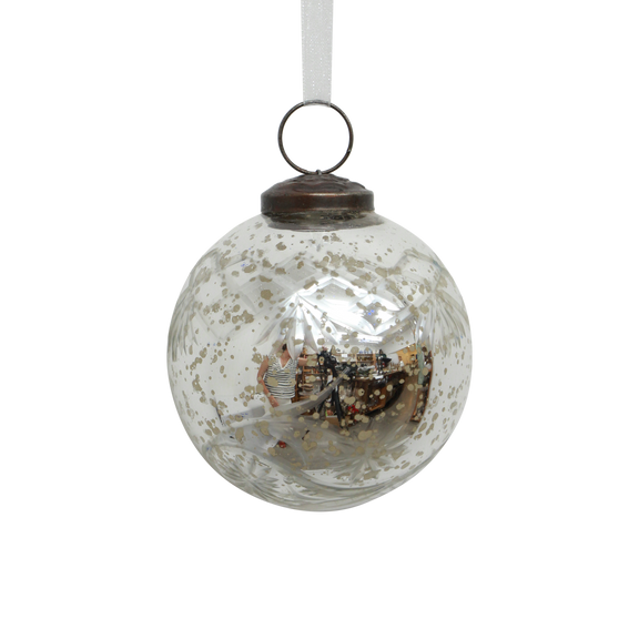 Silver etched glass bauble Christmas ornament with organza ribbon