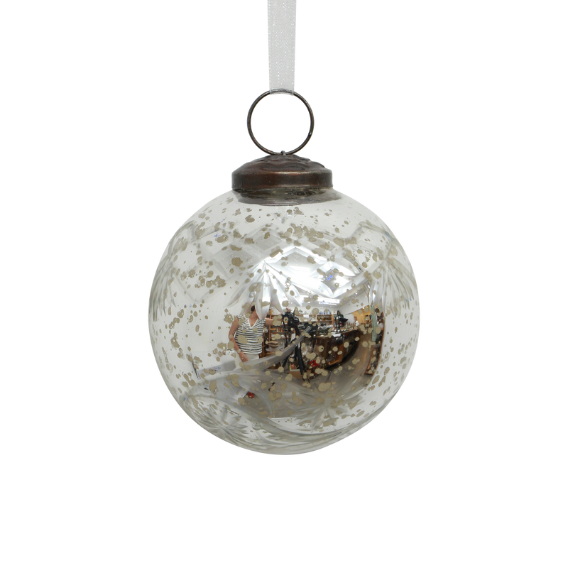 Silver etched glass bauble Christmas ornament with organza ribbon