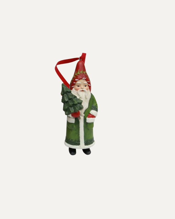 Vintage Santa hanging decoration in green holding a Christmas tree