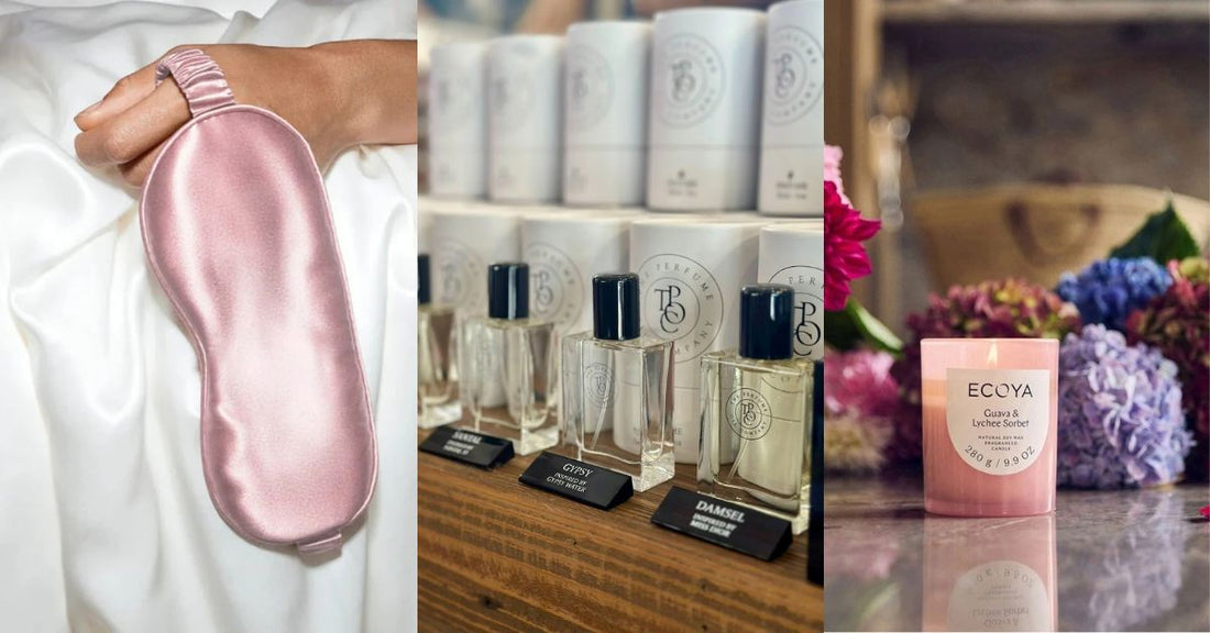 mothers day gift guide. gifts for her. purfume, candle, silk face mask