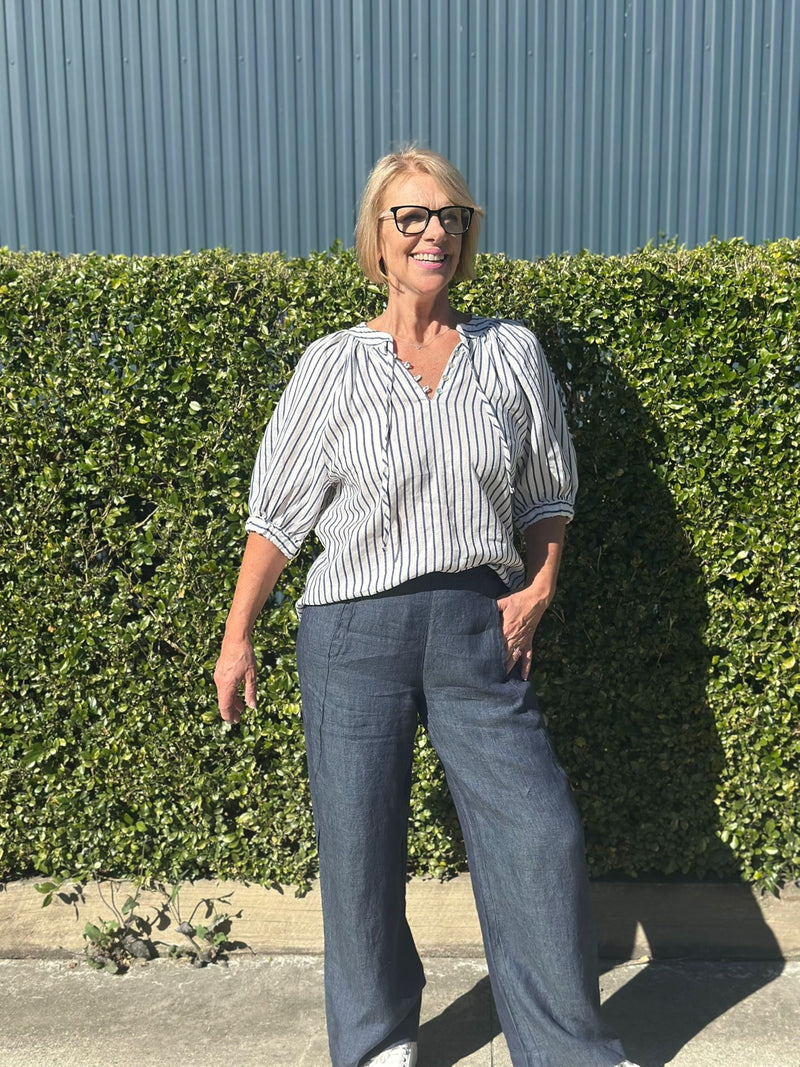 100% Linen Blueberry Stripe Top Naturals