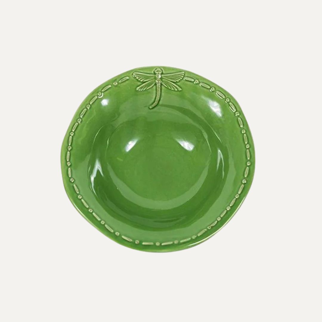 Dragonfly motif ceramic bowl in glossy green