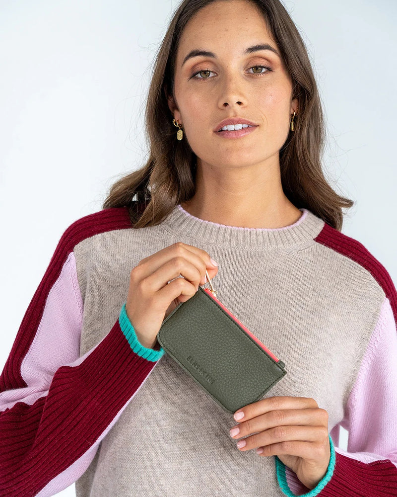 Khaki Elms+King slim wallet with eight card slots.