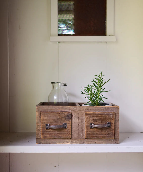 Rustic wooden organiser with vintage-style faux drawer fronts