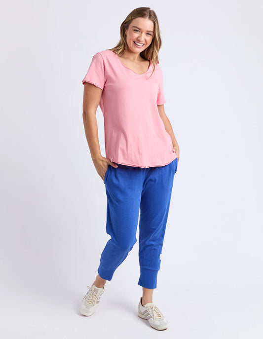 Charm Pink pima cotton tee with raw edge neckline & sleeves