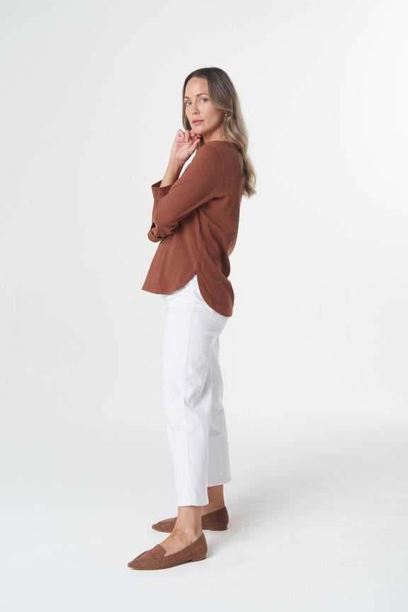 Brown Coco women's Australian cotton tee with cuffed three quarter sleeves