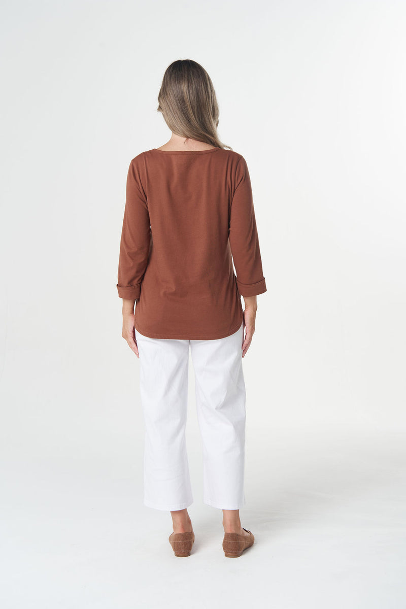 Women's regular fit 3/4 sleeve cotton T-shirt in Brown Coco
