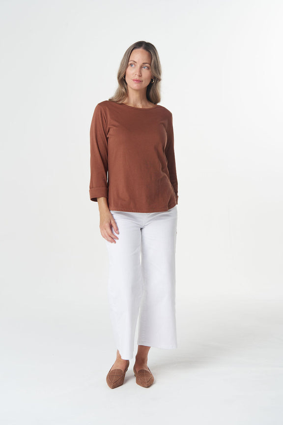 Brown Coco cotton jersey tee with longer curved back hem