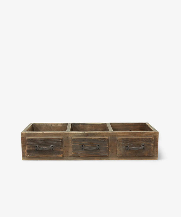 Rustic wooden organiser with vintage-style faux drawer fronts