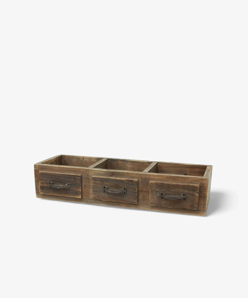Long fir wood organiser with three open storage sections