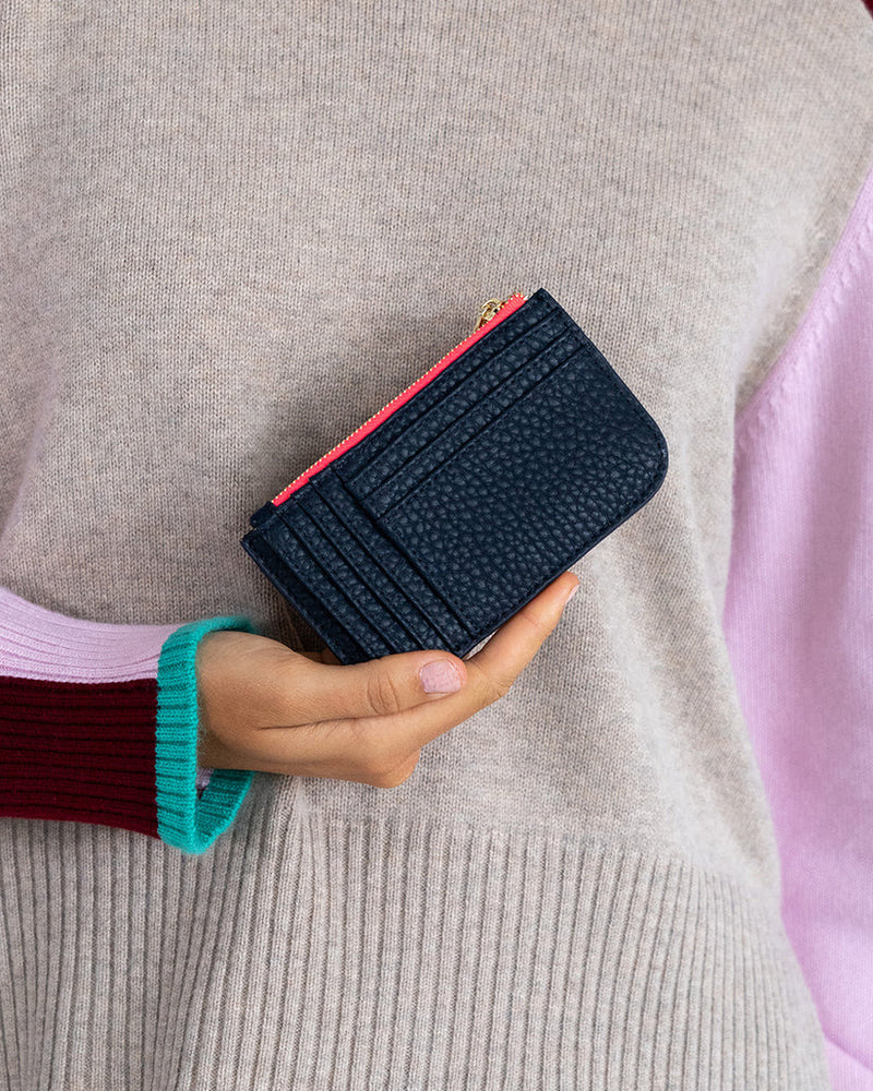 Compact Navy women's wallet with rear-mounted card storage.