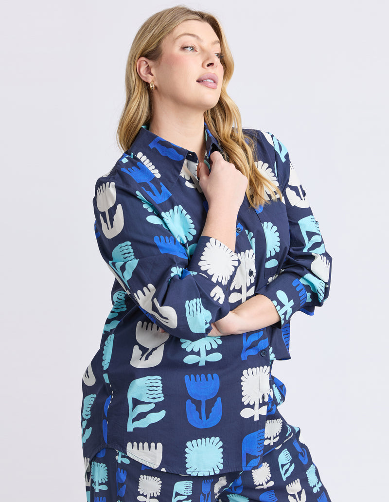 Relaxed fit navy button-front shirt for women