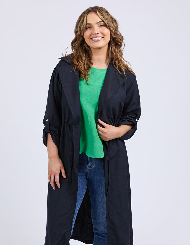 Women’s navy linen trench styled casually