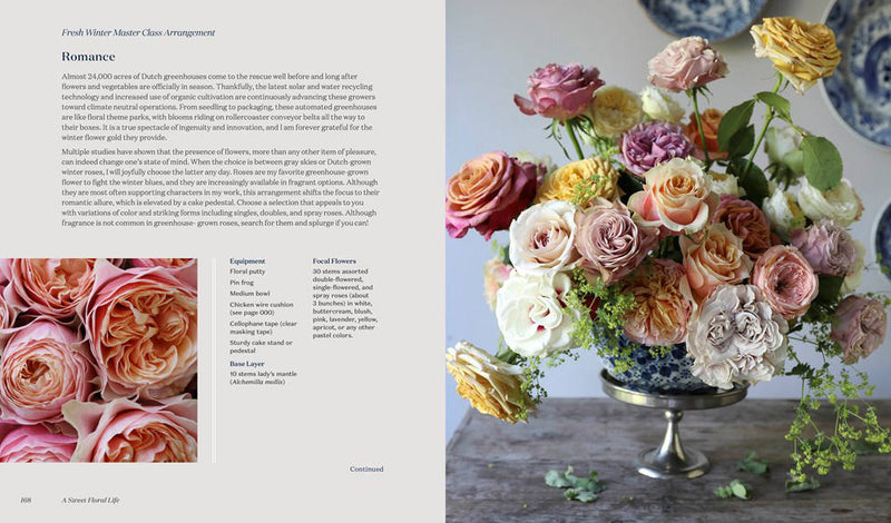 Floral arrangement on a stand with text on a magazine or book page.