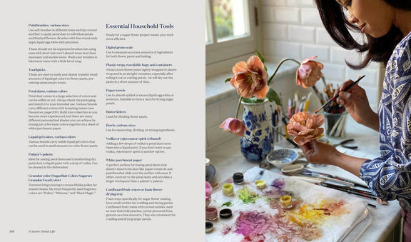 Person arranging flowers in a kitchen with text on essential household tools.