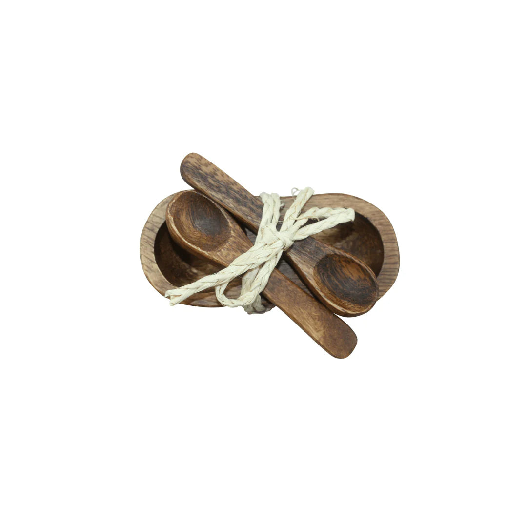 Acacia wood condiment set with mini spoons for entertaining and grazing tables 