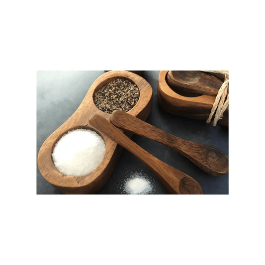 Small wooden condiment dish with mini spoons available at My Country Escape 