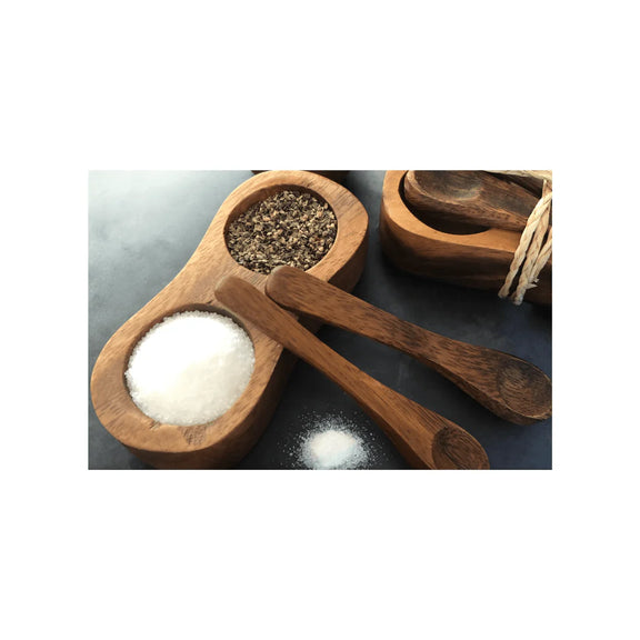 Small wooden condiment dish with mini spoons available at My Country Escape 