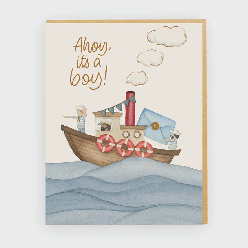 Illustration of a boat with children on it and 'Ahoy, it's a boy!' text on a light background.