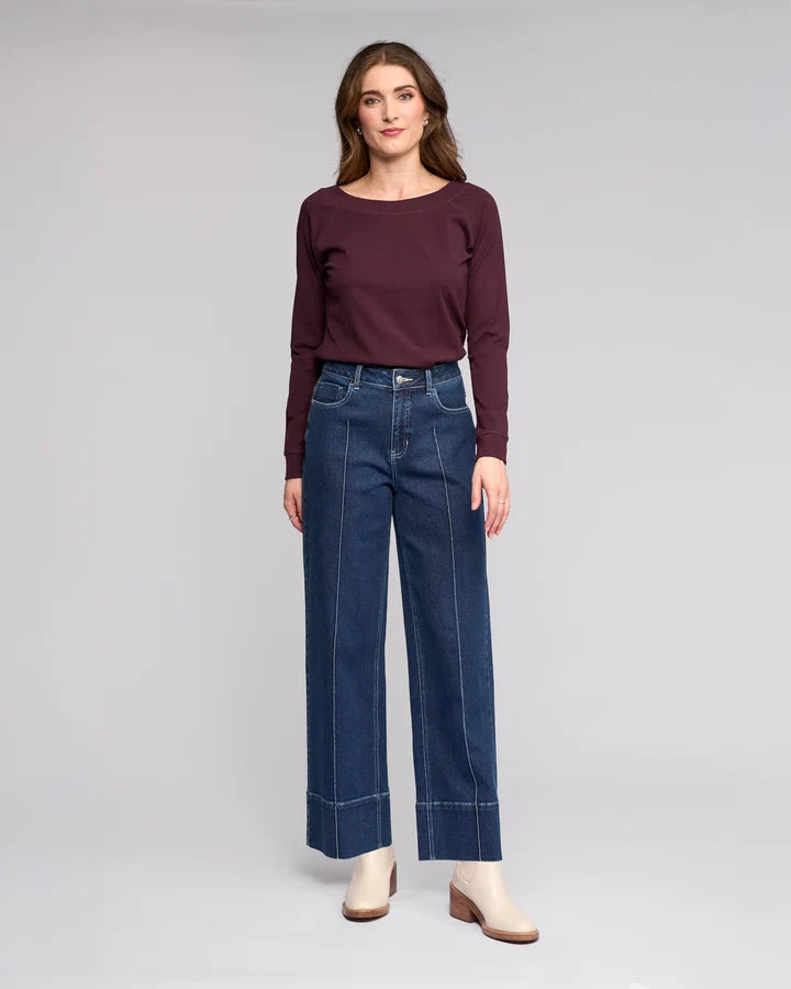 Vassalli Alley Wide Leg Ankle Grazer Jean in Dark Blue Denim.