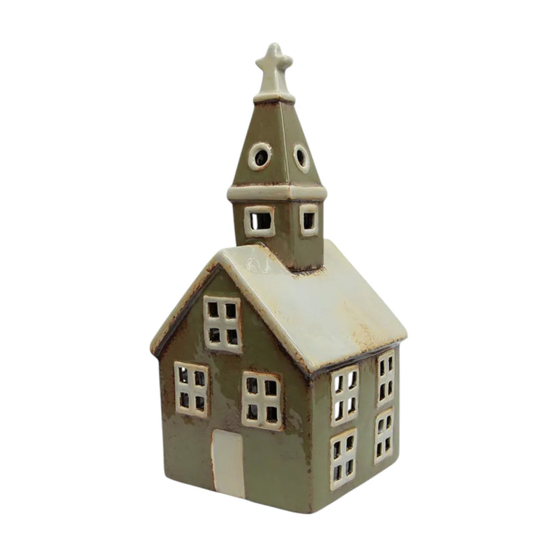 Alsace Tealight Church – Hand-Painted Olive Green Ceramic Christmas Village Décor