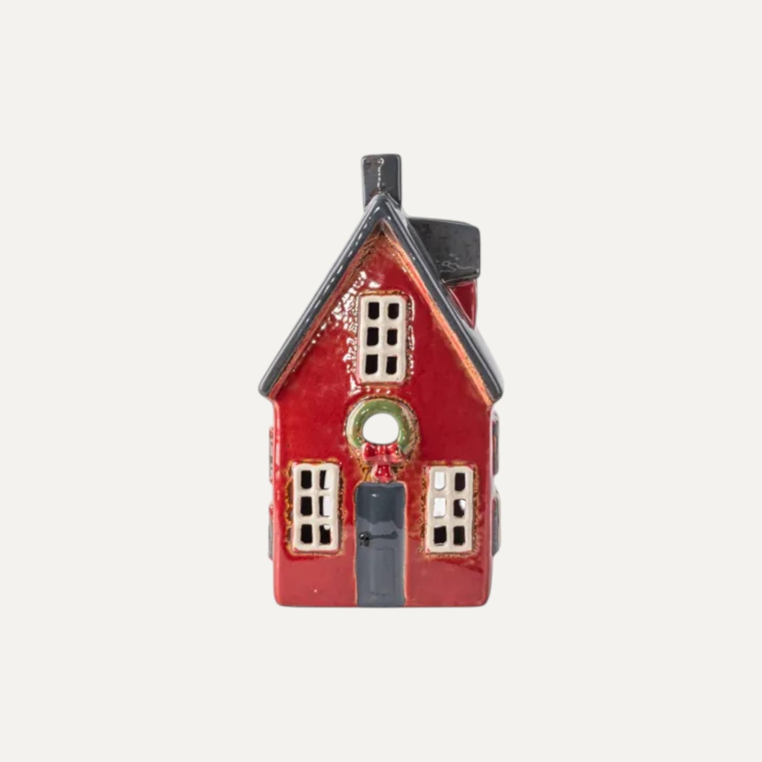 Alsace Tea Light Cottage Red with Wreath - Christmas village decor