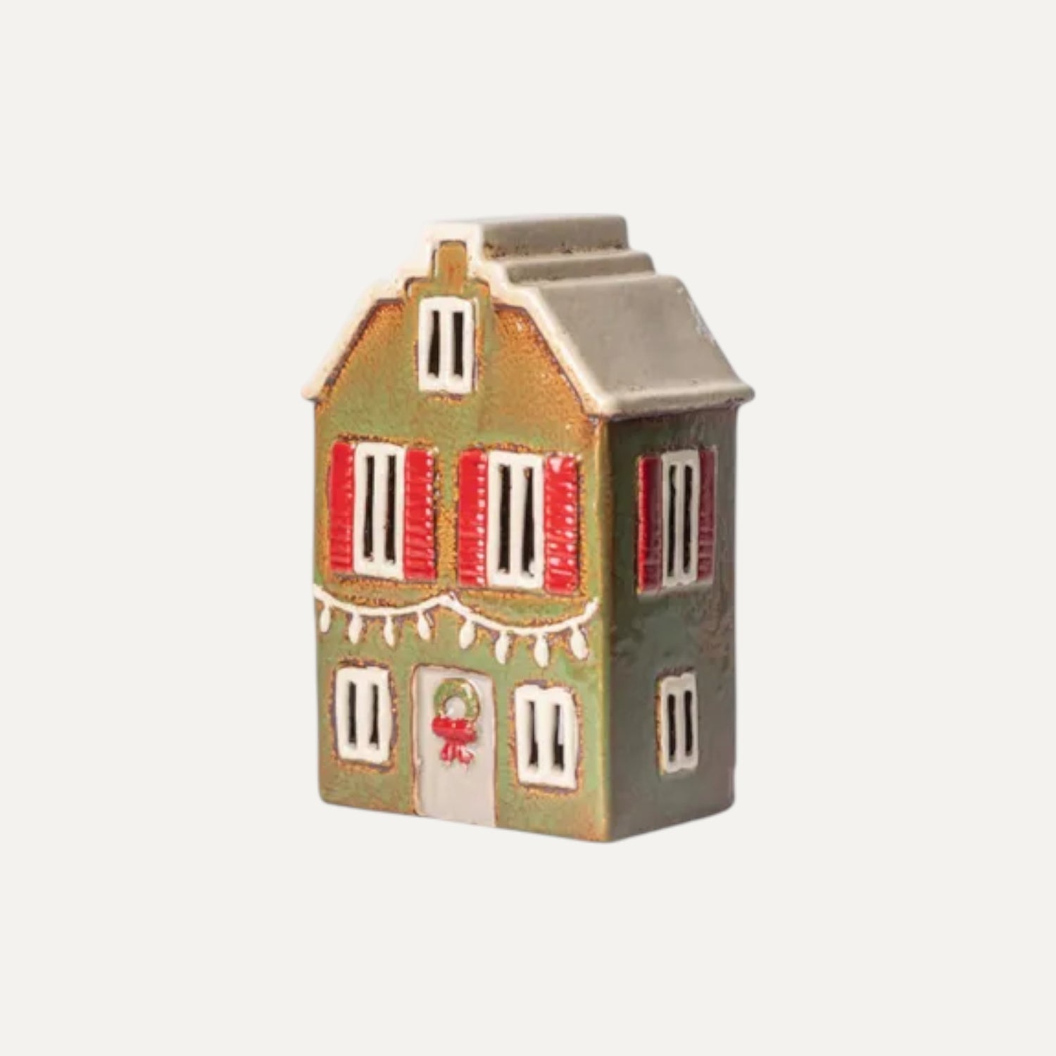 Green Alsace Tea Light House with wreath and shutters - handpainted ceramic Christmas decor