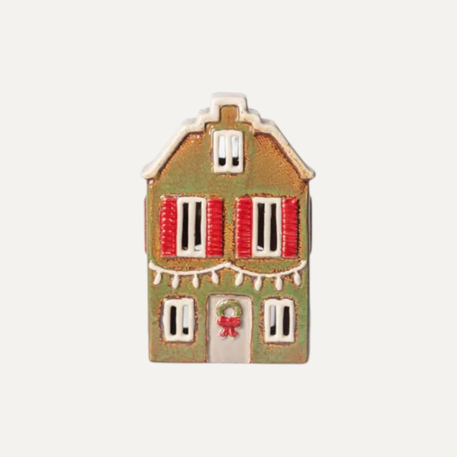 Alsace Tea Light House Green with Wreath - Ceramic Christmas village decor