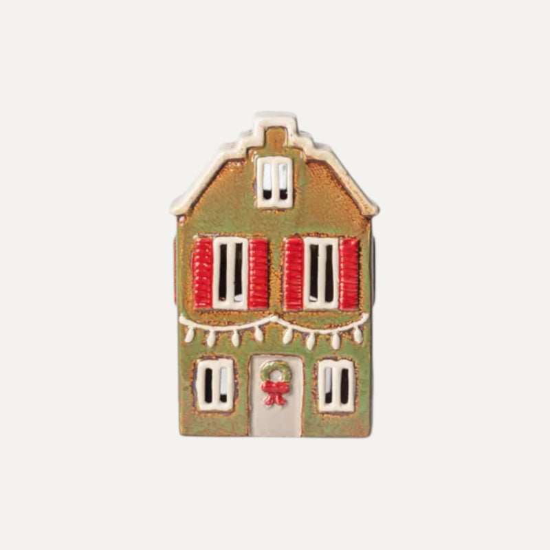 Alsace Tea Light House Green with Wreath - Ceramic Christmas village decor