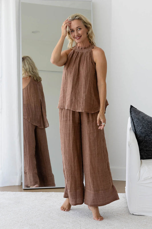 womens clay linen pants elastic waist wide leg