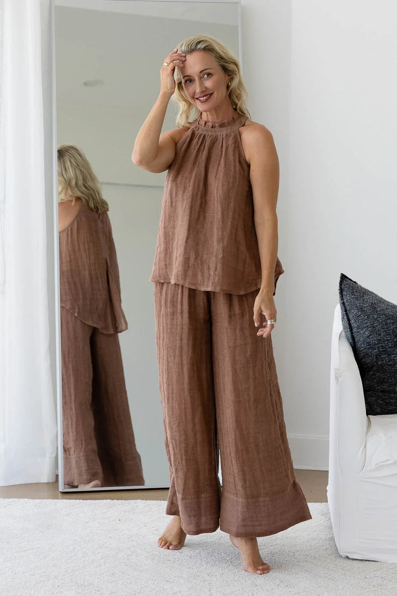 womens clay linen pants elastic waist wide leg