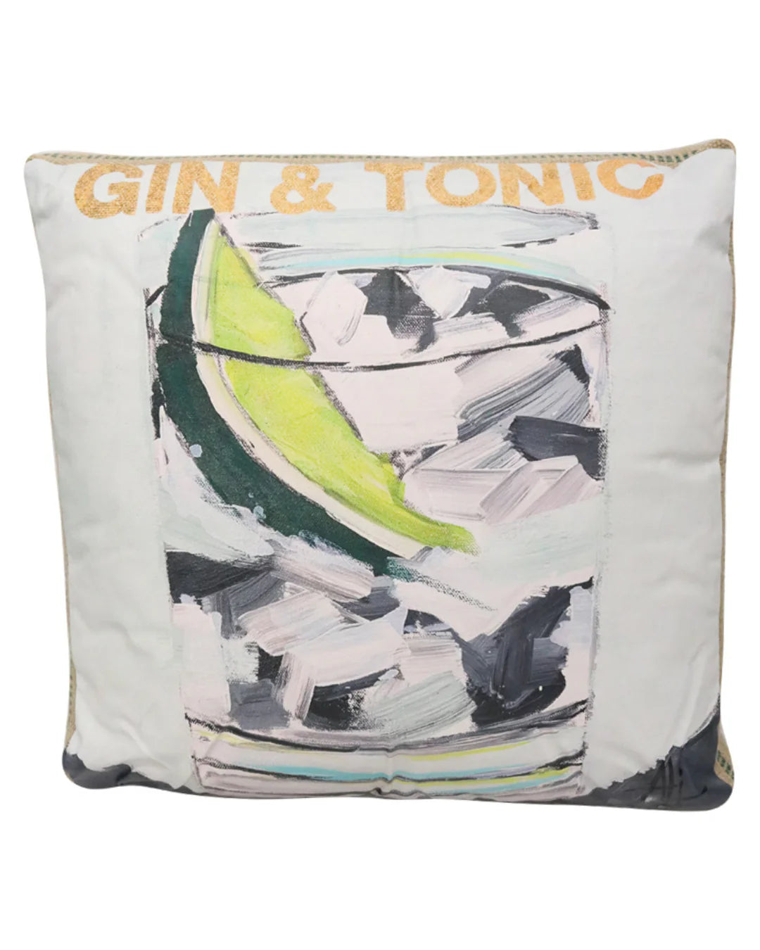 Gin and tonic art cushion 55cm linen with burlap reverse