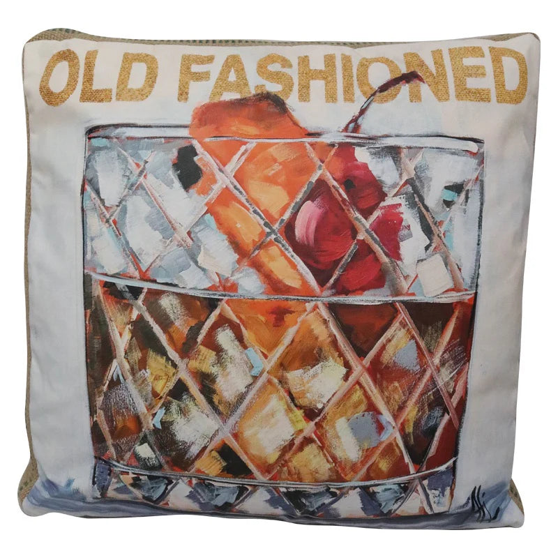 Old Fashioned martini art cushion 55cm burlap side