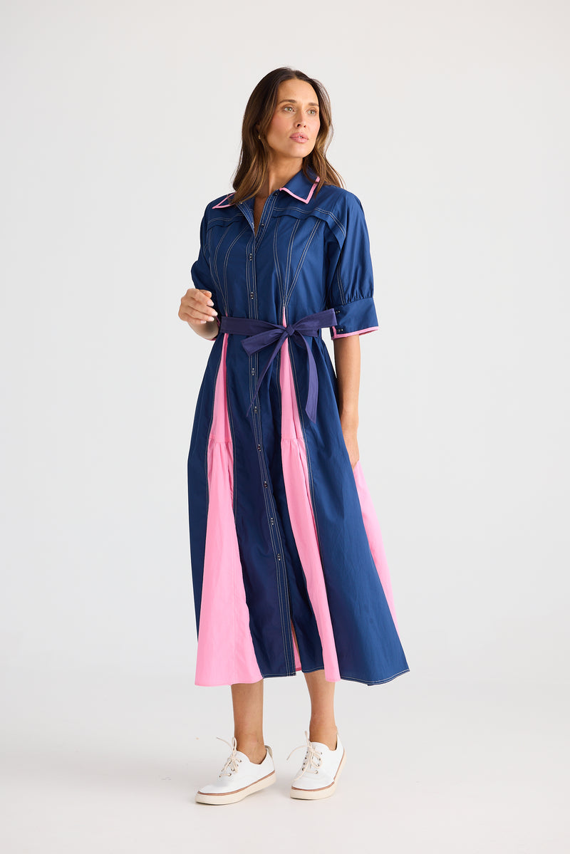 Aubree Dress navy with pink detail styled with belt