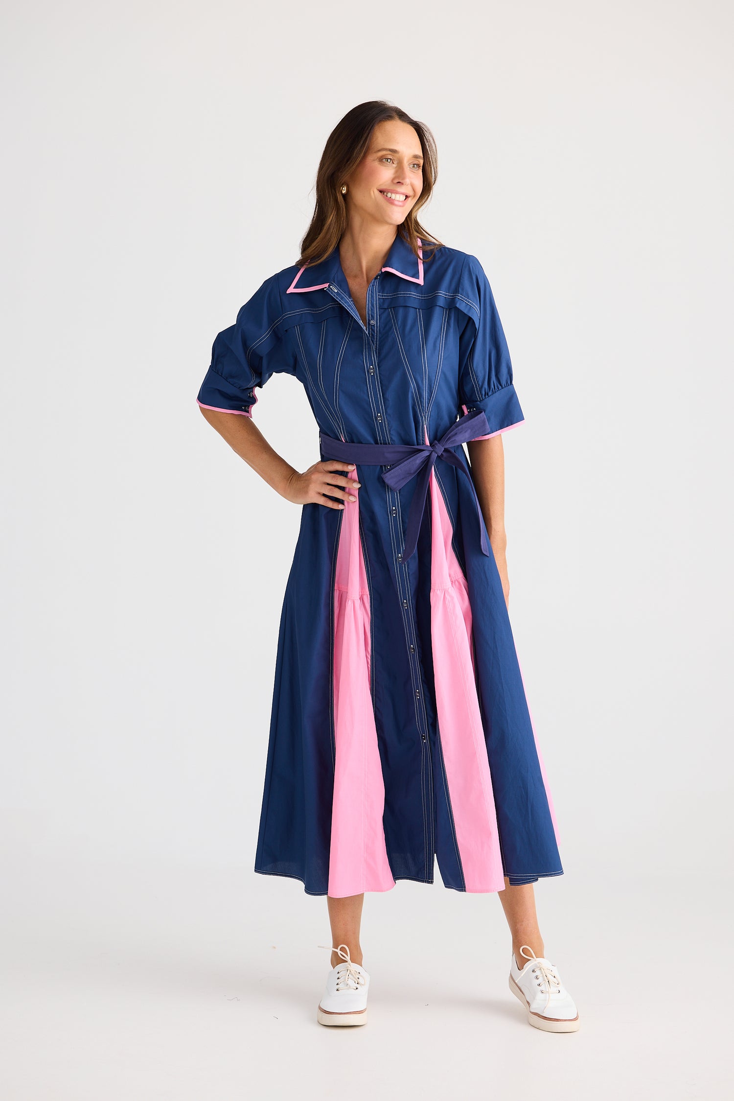 Aubree Dress Navy with Pink contrast panels – front view