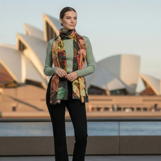 Australian winter fashion - women wearing merion wool scarf
