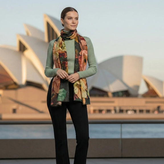 Australian winter fashion - women wearing merion wool scarf