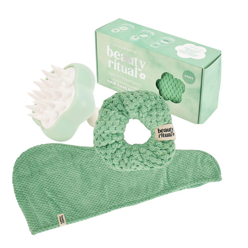Beauty Ritual Hair Care Gift Box in moss green with turban, brush and scrunchies