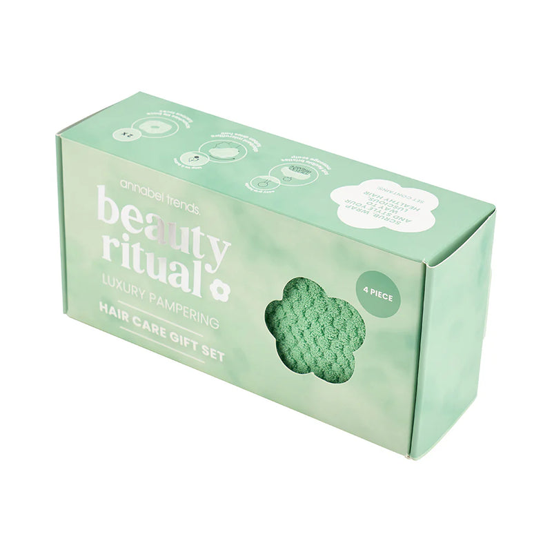 Moss green self-care hair gift set – scalp brush, scrunchies and hair turban