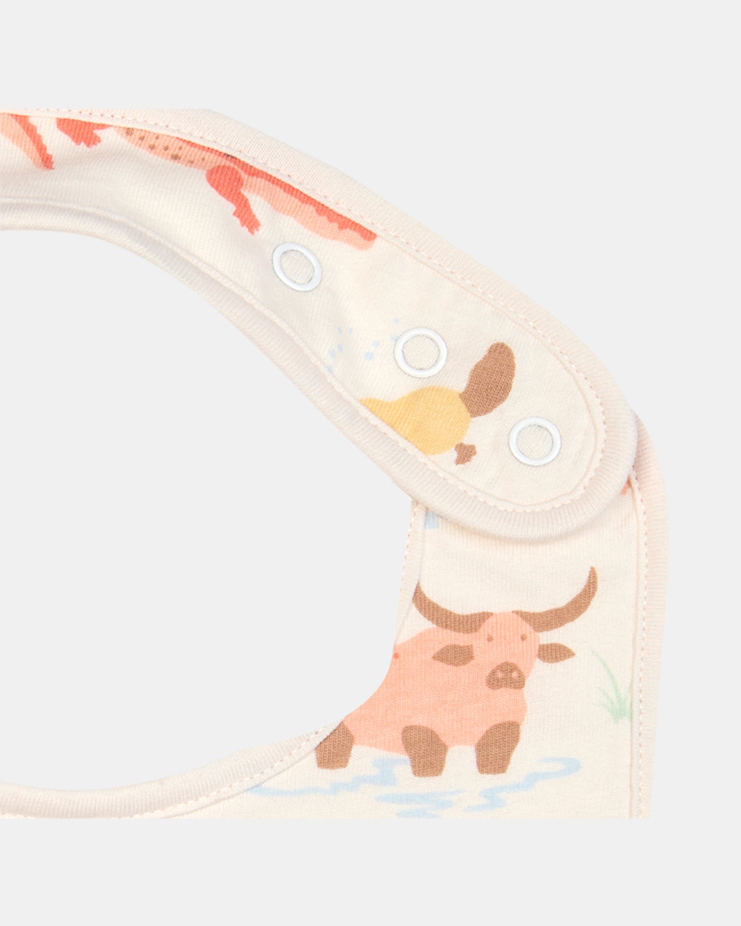 Detail shot of press stud closure on the Toshi Down Under Kakadu Dawn bib.