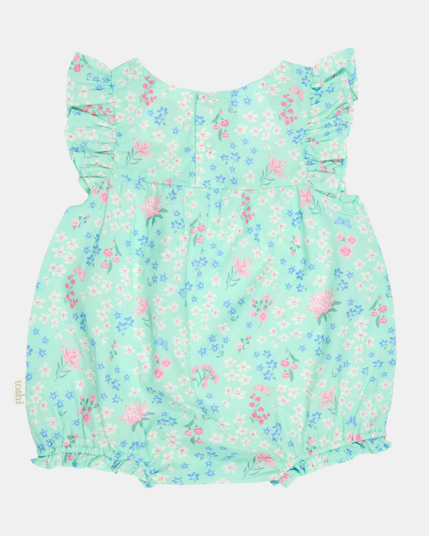 Soft cotton romper for baby girls in mint green shade - view from behind