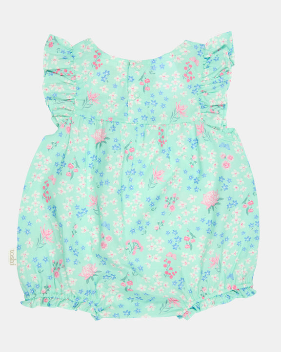 Soft cotton romper for baby girls in mint green shade - view from behind