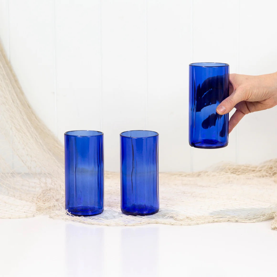 BSM blue fluted tall glass recycled glass