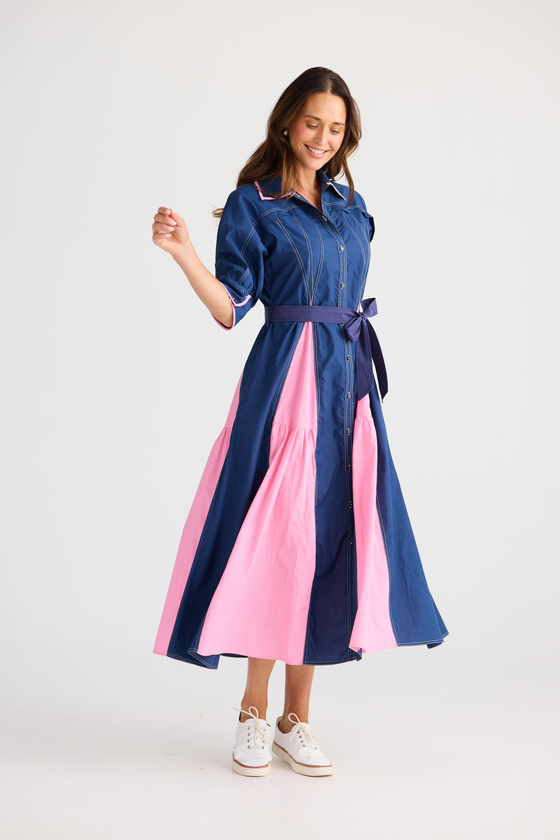 Midi length navy dress with puff sleeves and waist tie