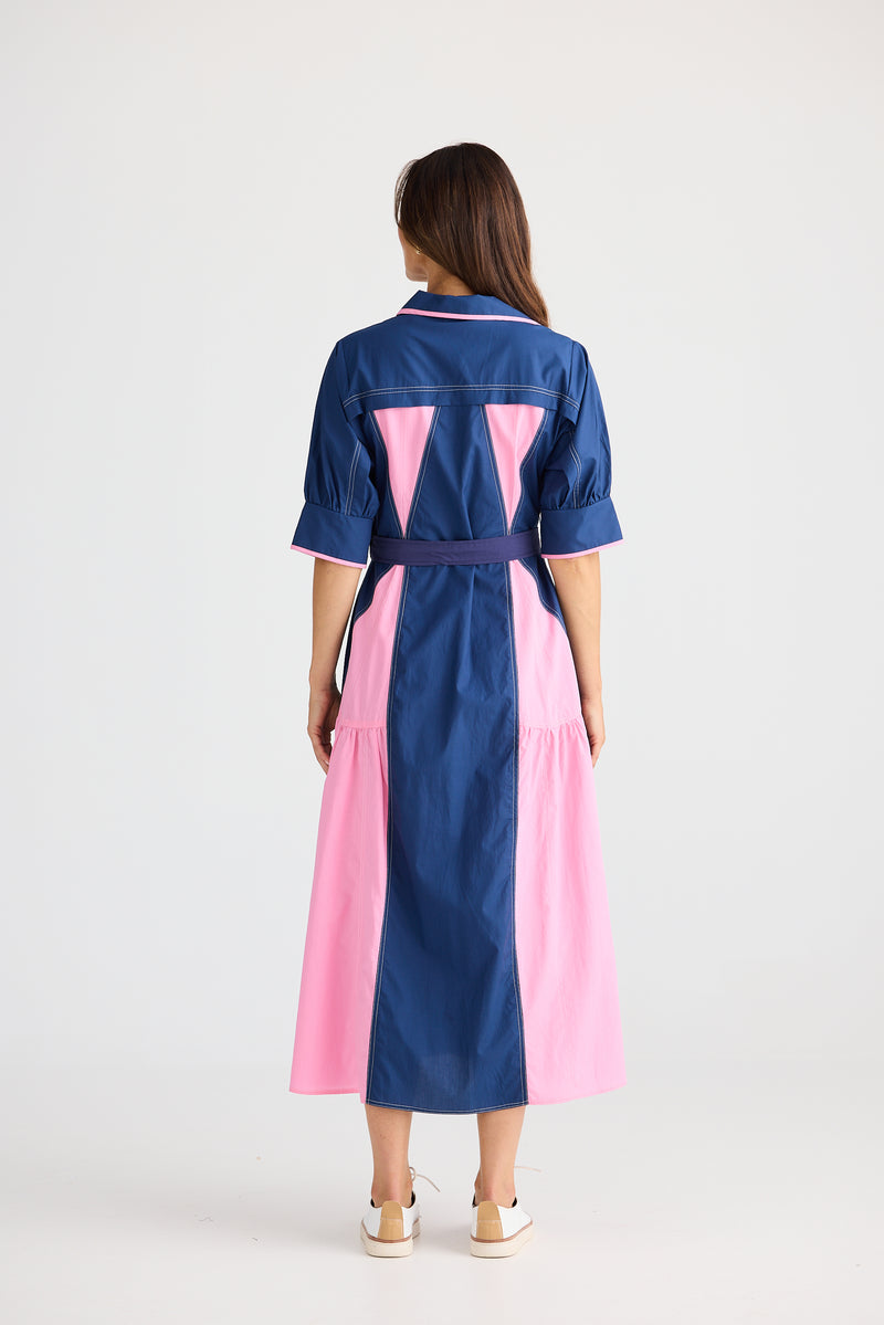 Back view of Aubree Dress navy with pink contrast