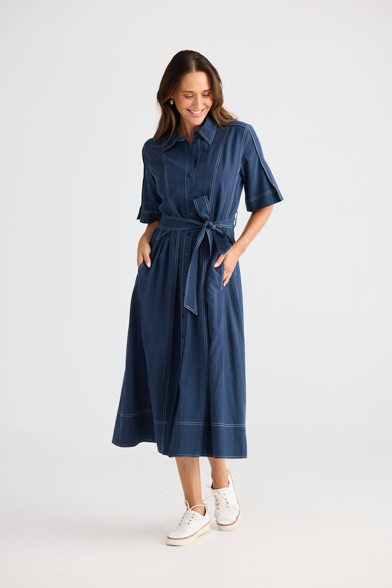 Short puff sleeve navy midi dress with collar