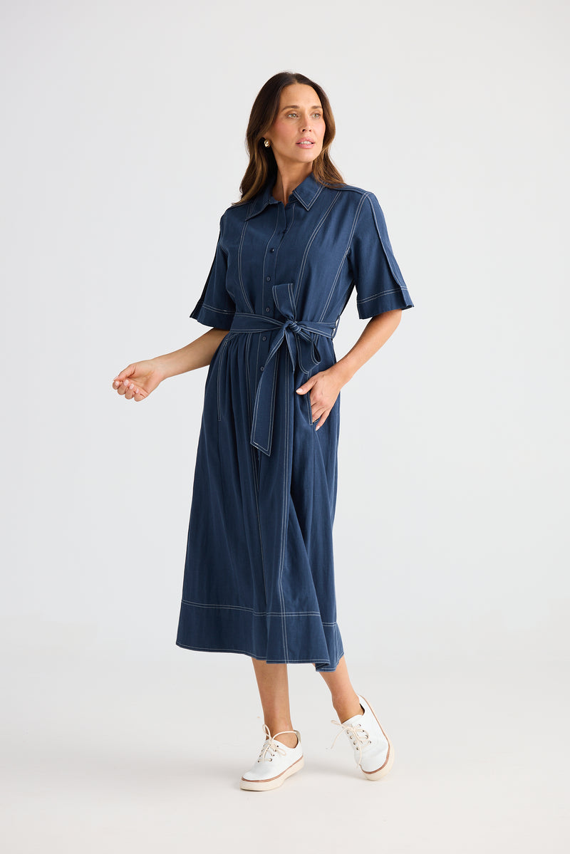 Leo Dress Navy with contrast topstitching detail