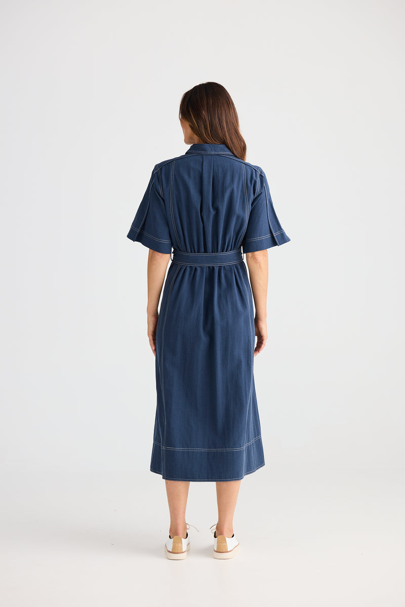 Back view of Leo Dress Navy with relaxed fit